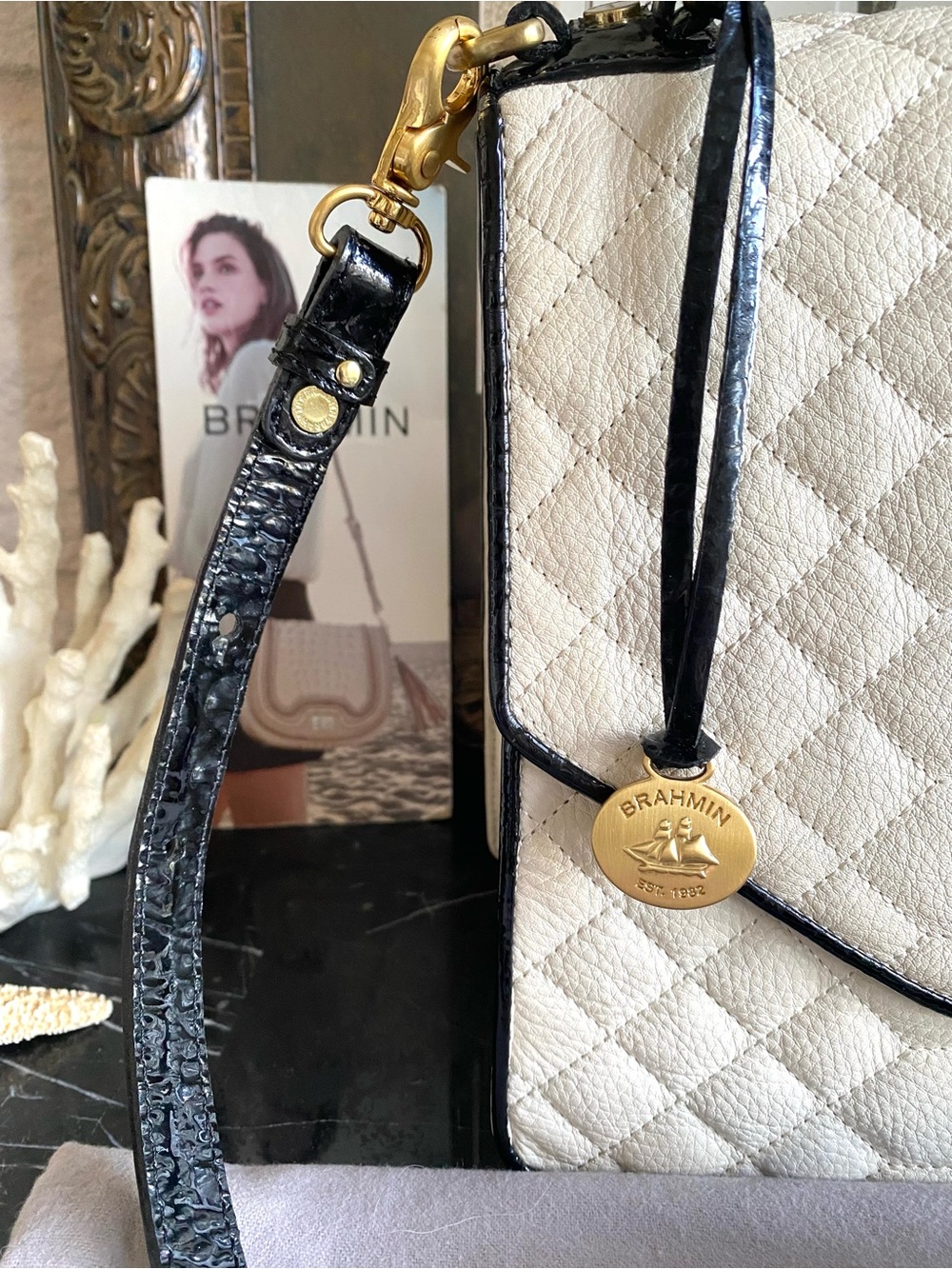 ▪️AMAZING CREME FLORENTINE OPHELIA BRAHMIN QUILTED LEATHER SATCHEL▪️ - Picture 4 of 15